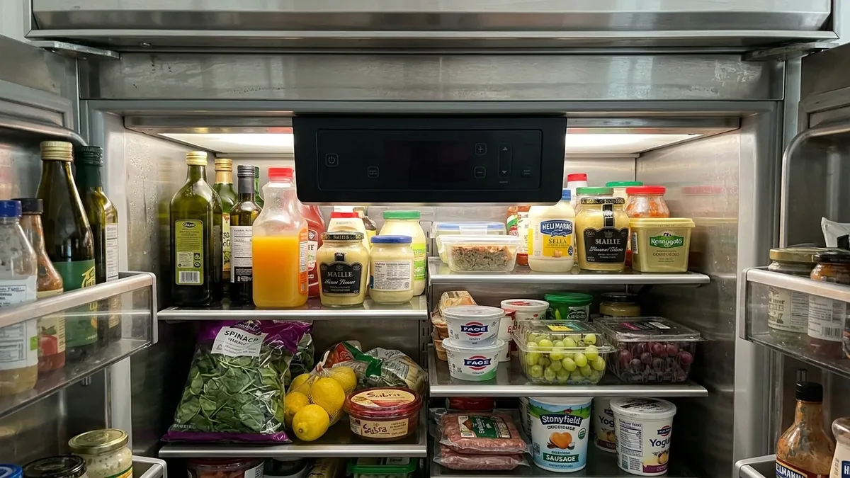 Open Sub-Zero refrigerator with produce in the crisper drawers and full door shelves in daylight