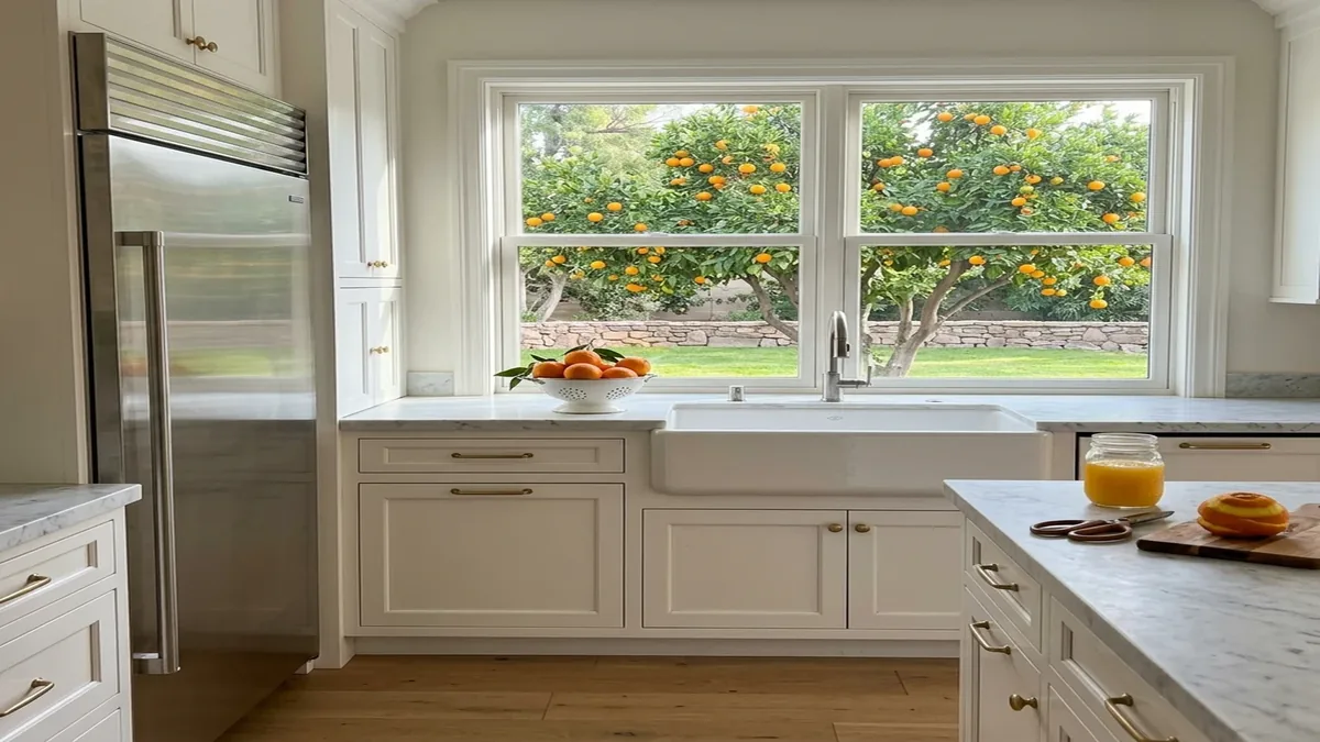 Remodelled Arcadia kitchen with a stainless Sub-Zero refrigerator and citrus trees outside the window