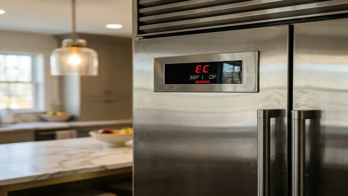 Sub-Zero refrigerator door display showing a temperature reading in a bright kitchen