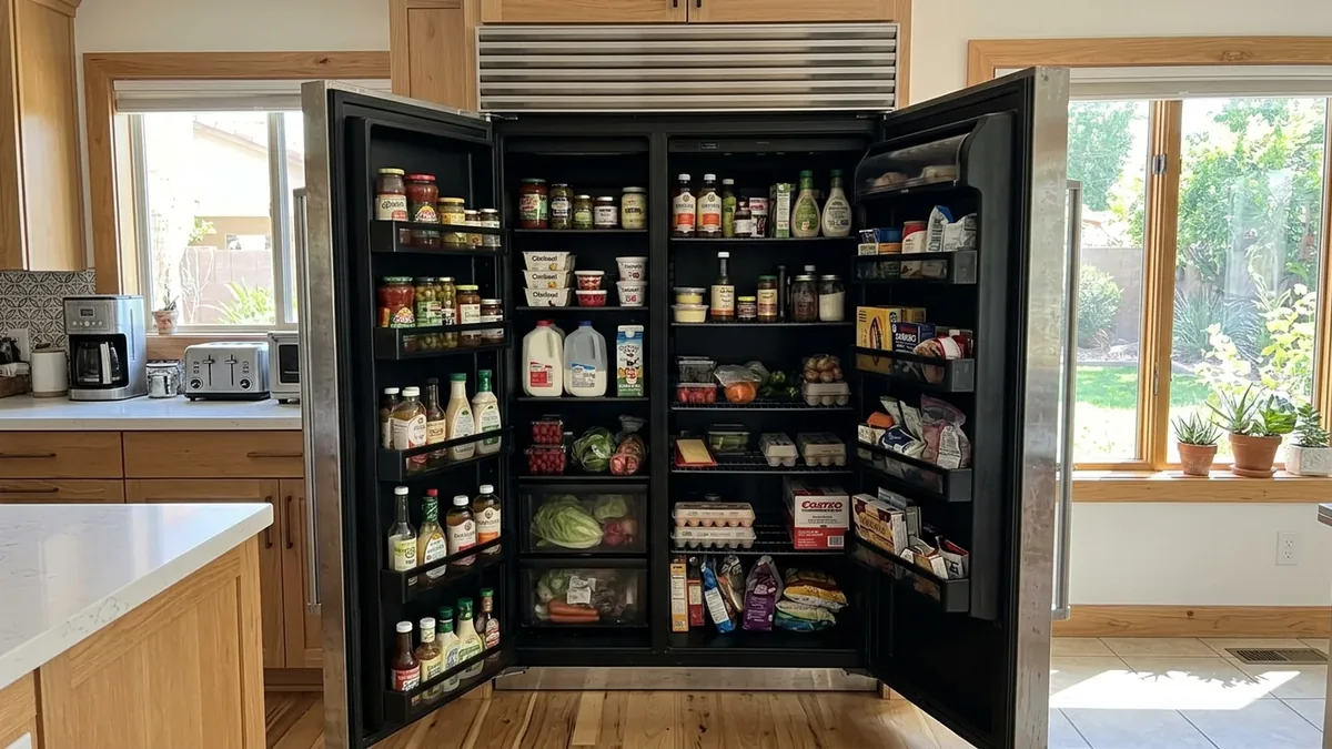 Open Sub-Zero refrigerator with lit shelves full of food in a bright Carefree kitchen