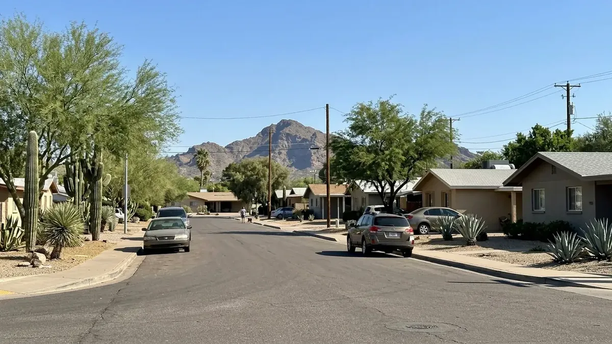Quiet Cave Creek street of low desert homes with a mountain behind in daylight