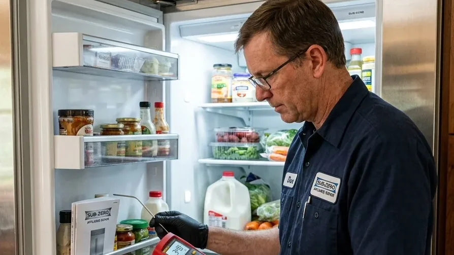Certified technician reading the fresh-food temperature of an open built-in Sub-Zero refrigerator in daylight