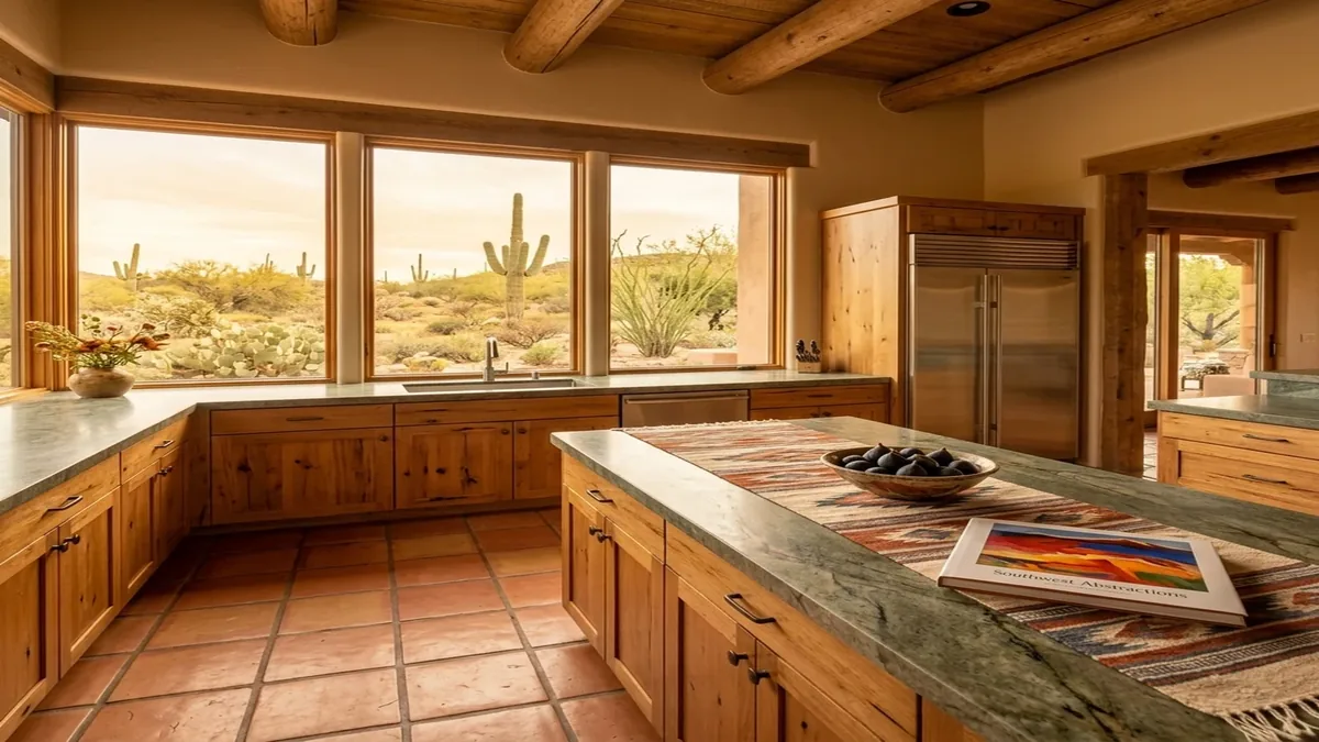 Desert Mountain kitchen with a stainless built-in Sub-Zero refrigerator and a saguaro view in daylight