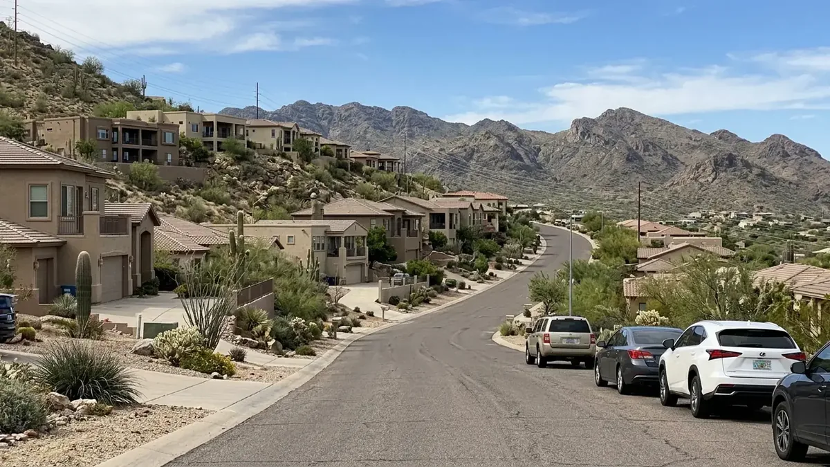 Hillside desert street of stucco homes below the mountains in north Scottsdale in daylight