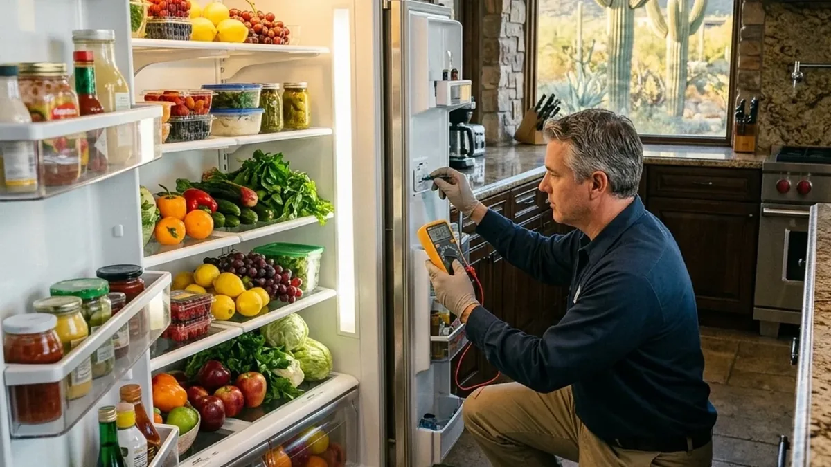 Certified technician checking the open door of a Sub-Zero refrigerator in a Paradise Valley estate kitchen in daylight