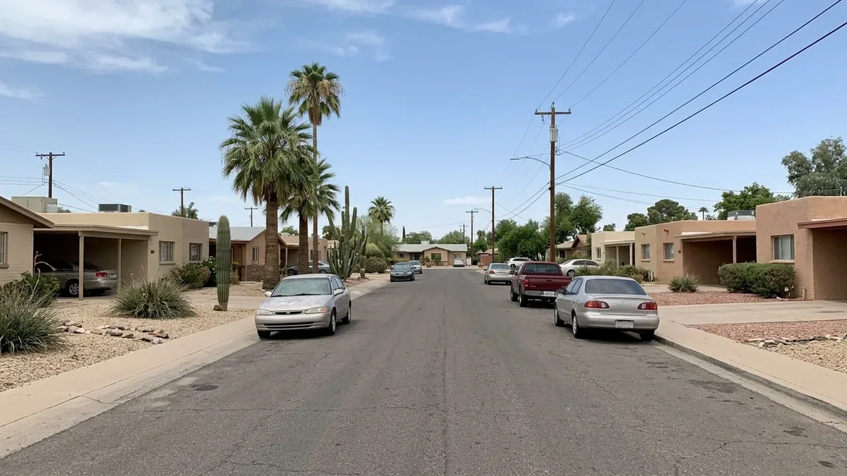 Palm-lined residential street of single-story homes in Rio Verde in daylight