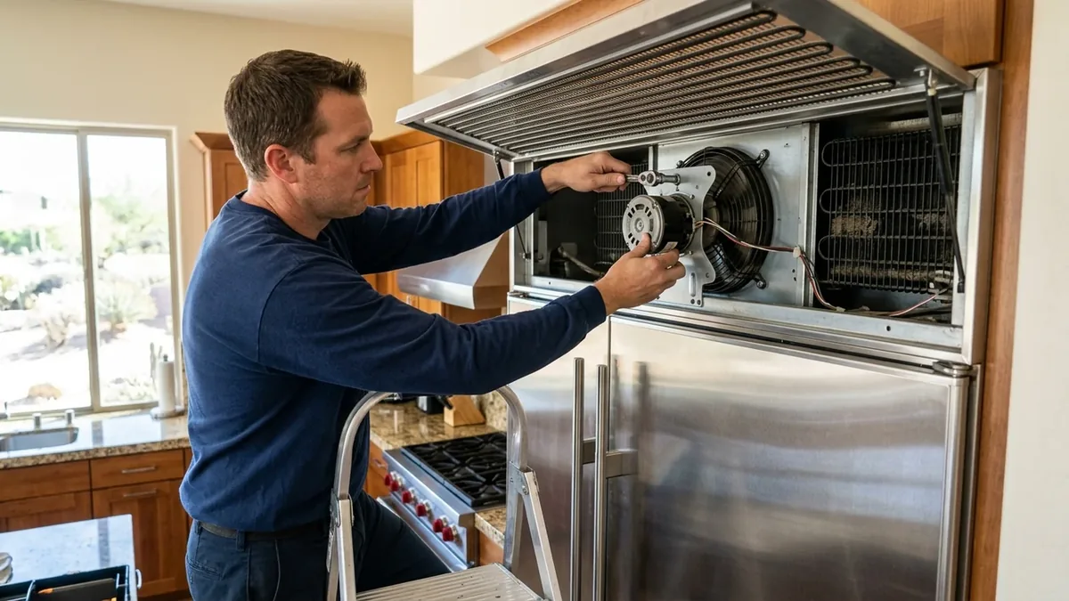 Certified technician testing the compressor start components behind the top grille of a built-in Sub-Zero