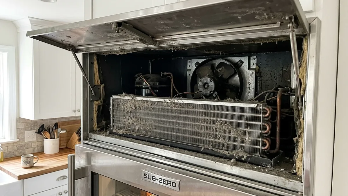 Dust-packed condenser coil and fan exposed behind the top grille of a built-in Sub-Zero refrigerator