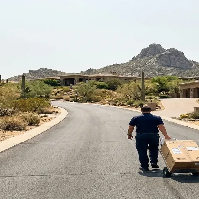 Technician wheeling a boxed Sub-Zero part up a desert driveway toward a home in daylight