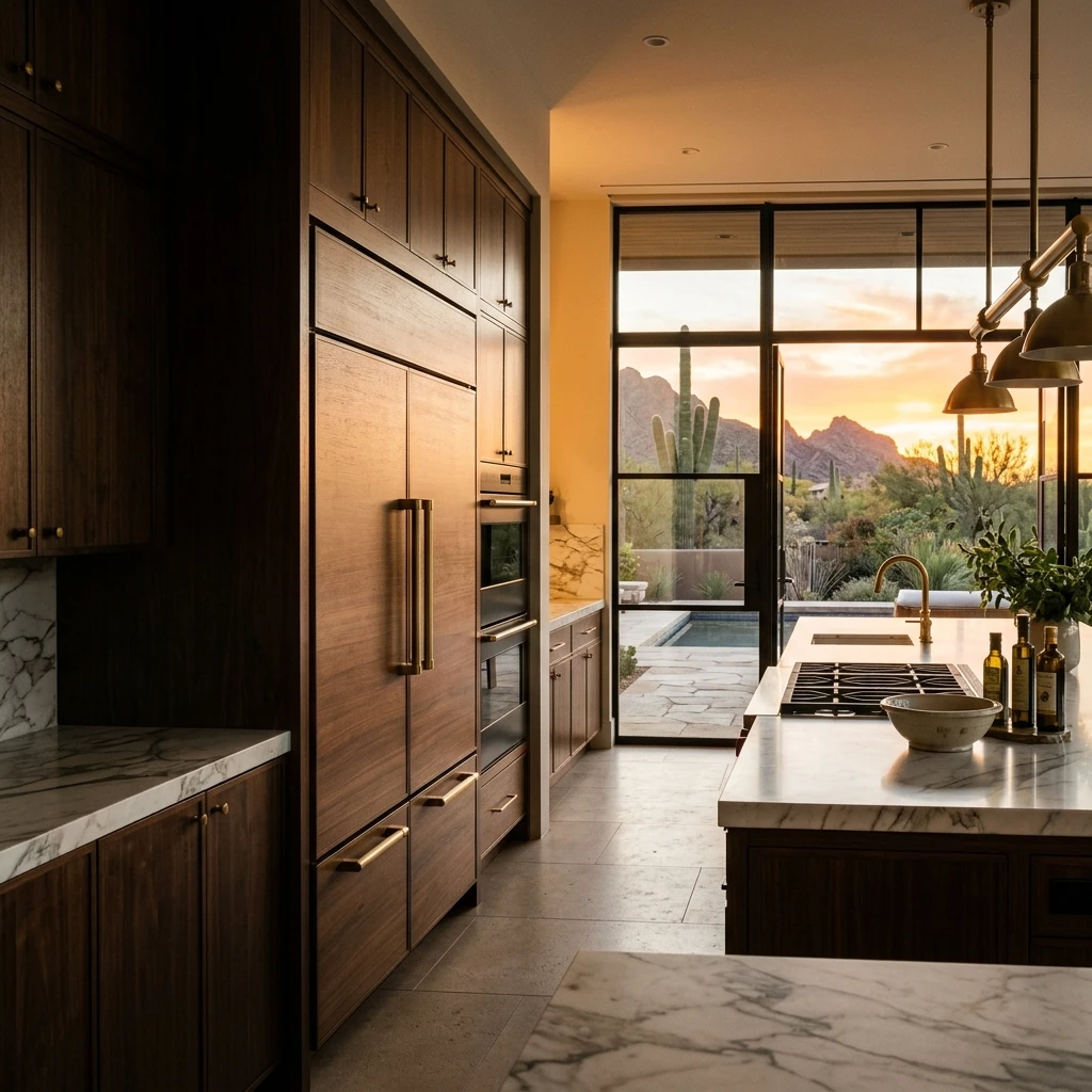 Certified Sub-Zero technician in daylight completing a same-day refrigerator repair in a Phoenix condo kitchen