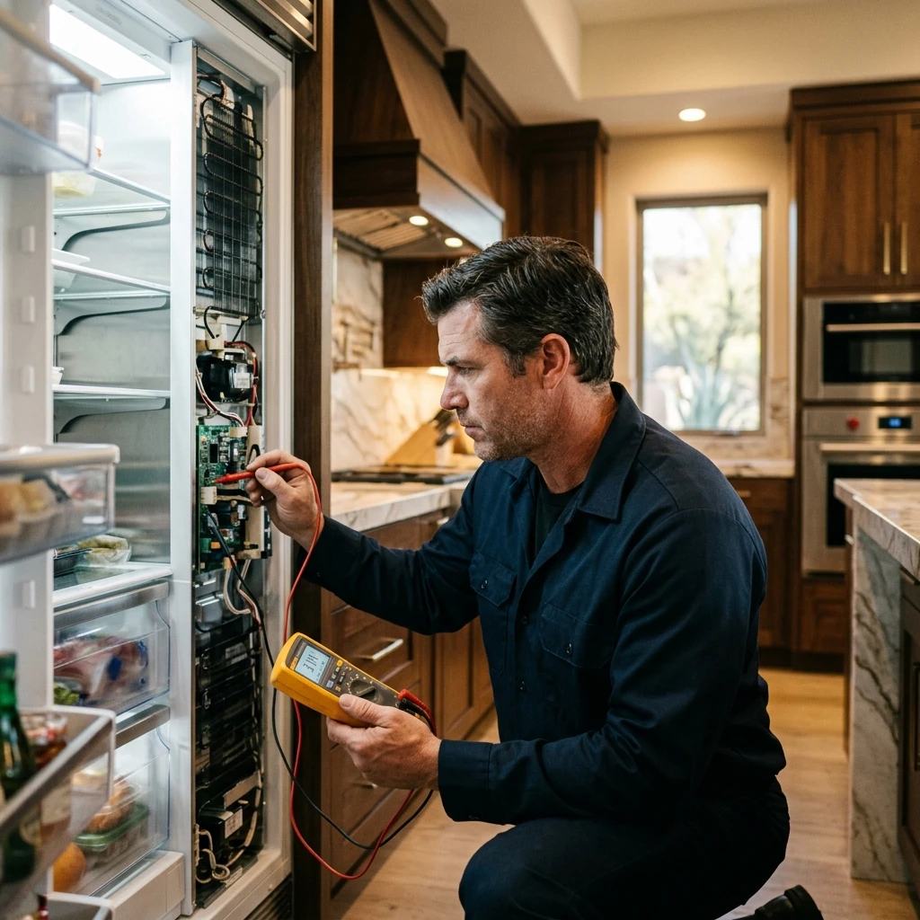 Certified Sub-Zero technician diagnosing a refrigerator in a Phoenix home