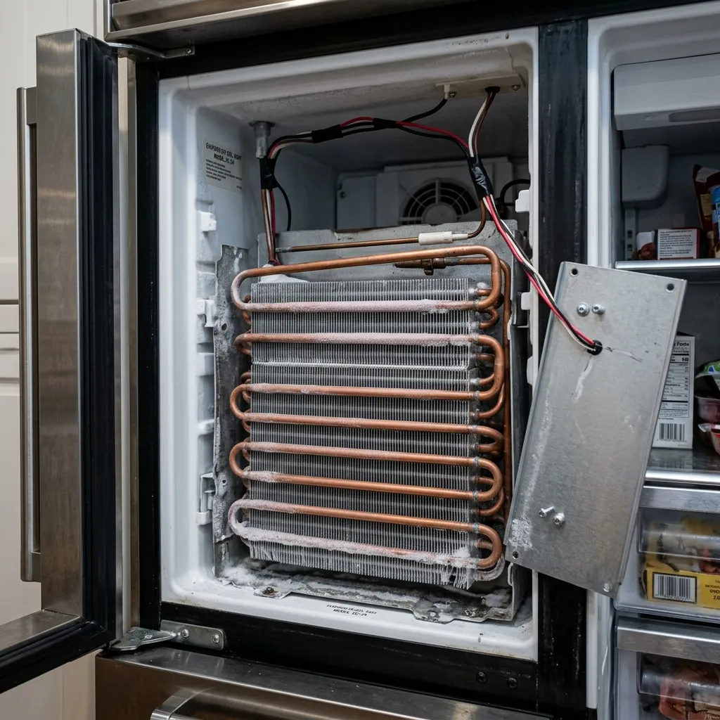 Technician's hands examining the defrost heater inside an open Sub-Zero column freezer drawer in daylight